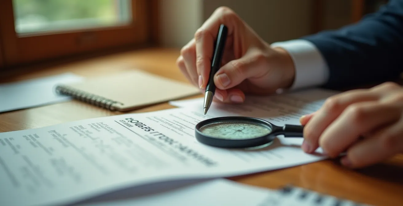 Mains analysant des documents financiers avec une loupe sur bureau professionnel