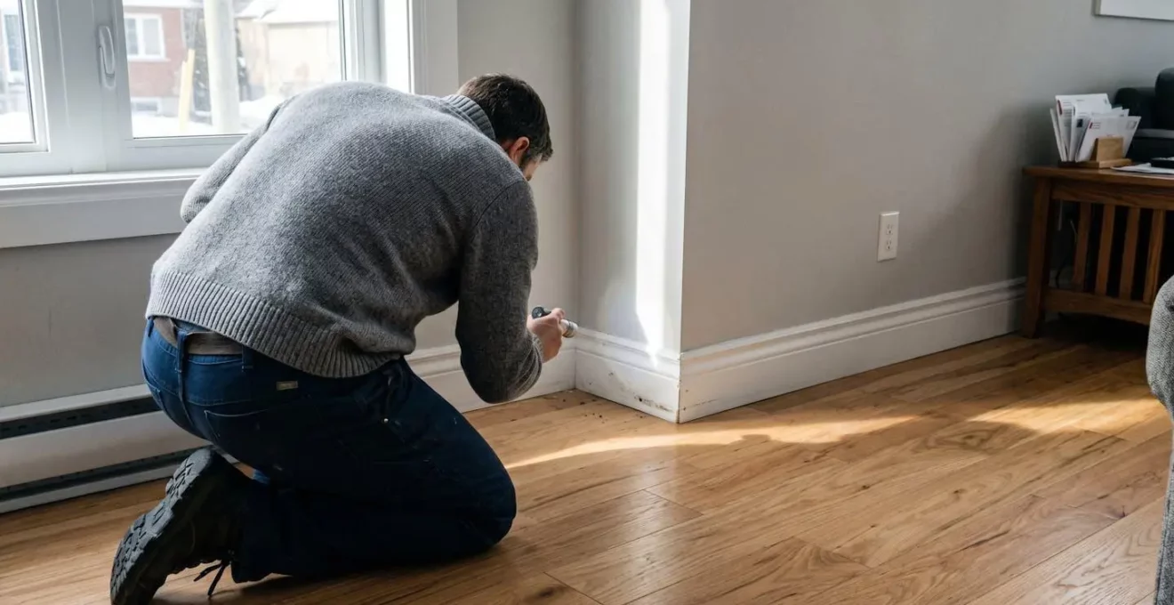 Personne inspectant attentivement le coin d'une plinthe dans un intérieur résidentiel contemporain, à la recherche de signes d'infestation