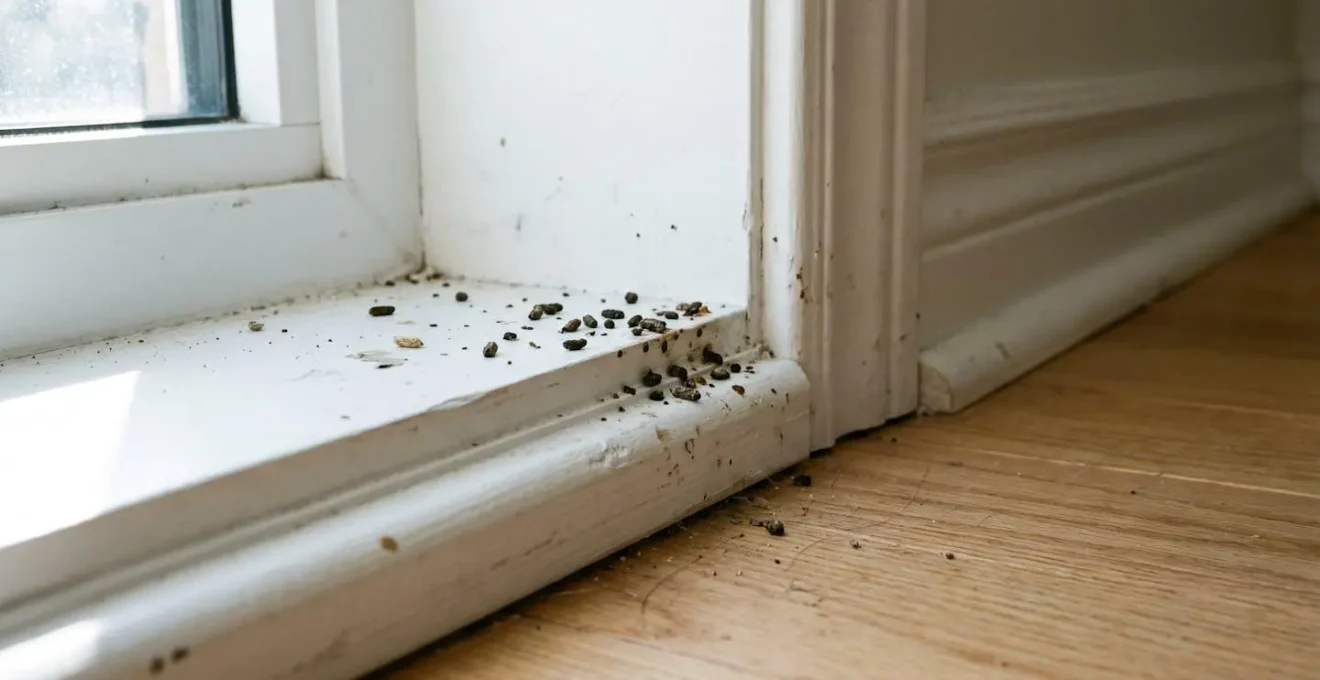 Gros plan sur des taches sombres et petits excréments visibles le long d'une plinthe blanche dans un intérieur résidentiel