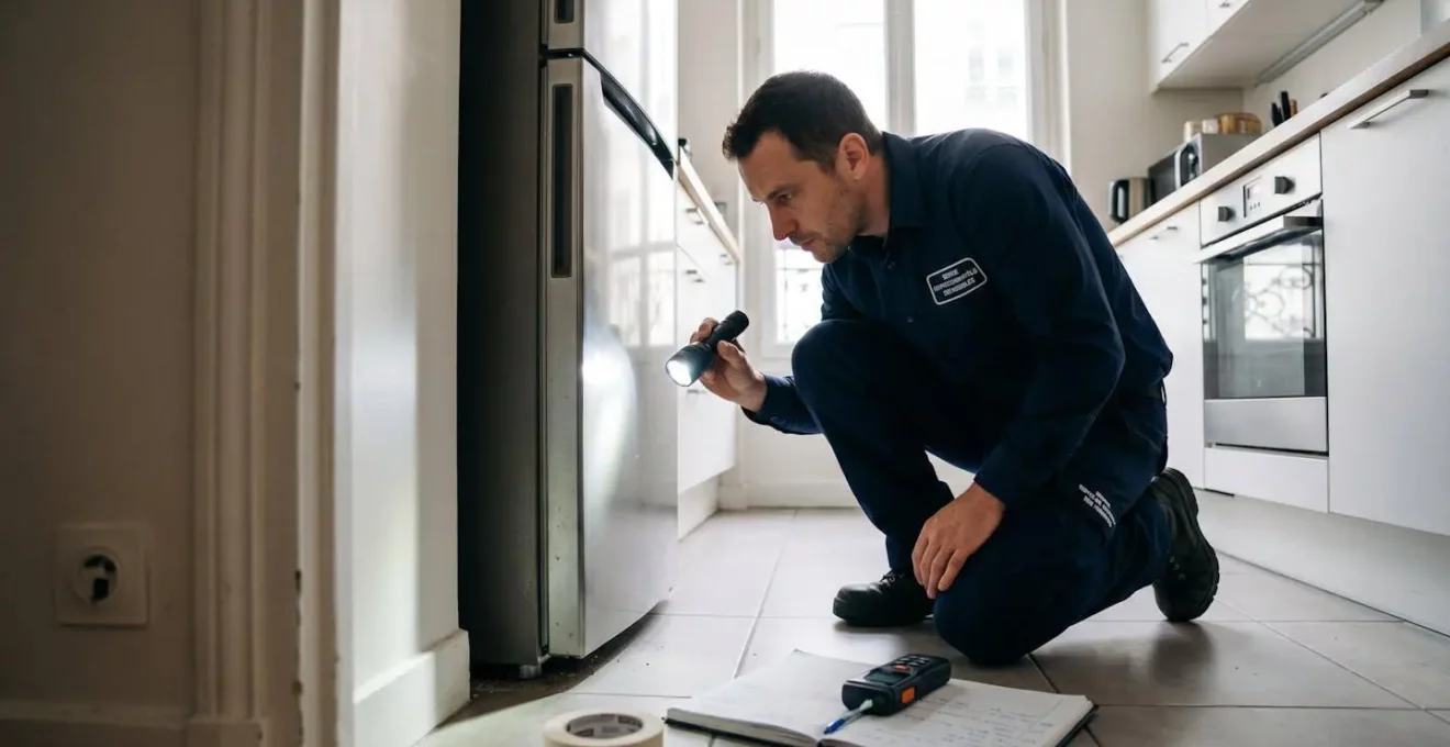 Technicien professionnel certifié inspectant avec lampe-torche l'arrière d'un réfrigérateur dans une cuisine moderne pour détecter traces de nuisibles