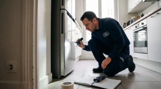 Technicien professionnel certifié inspectant avec lampe-torche l'arrière d'un réfrigérateur dans une cuisine moderne pour détecter traces de nuisibles