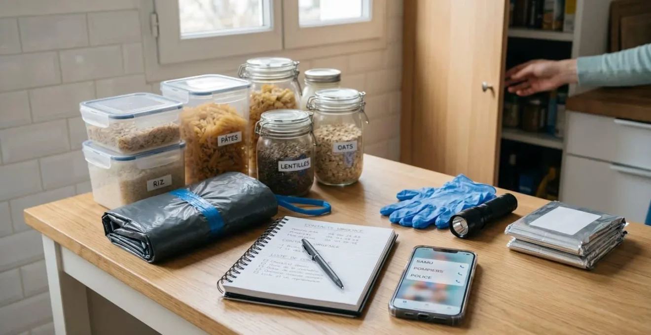 Vue organisée d'une table de cuisine avec contenants hermétiques, matériel de sécurisation et outils de documentation pour protocole d'urgence anti-nuisibles